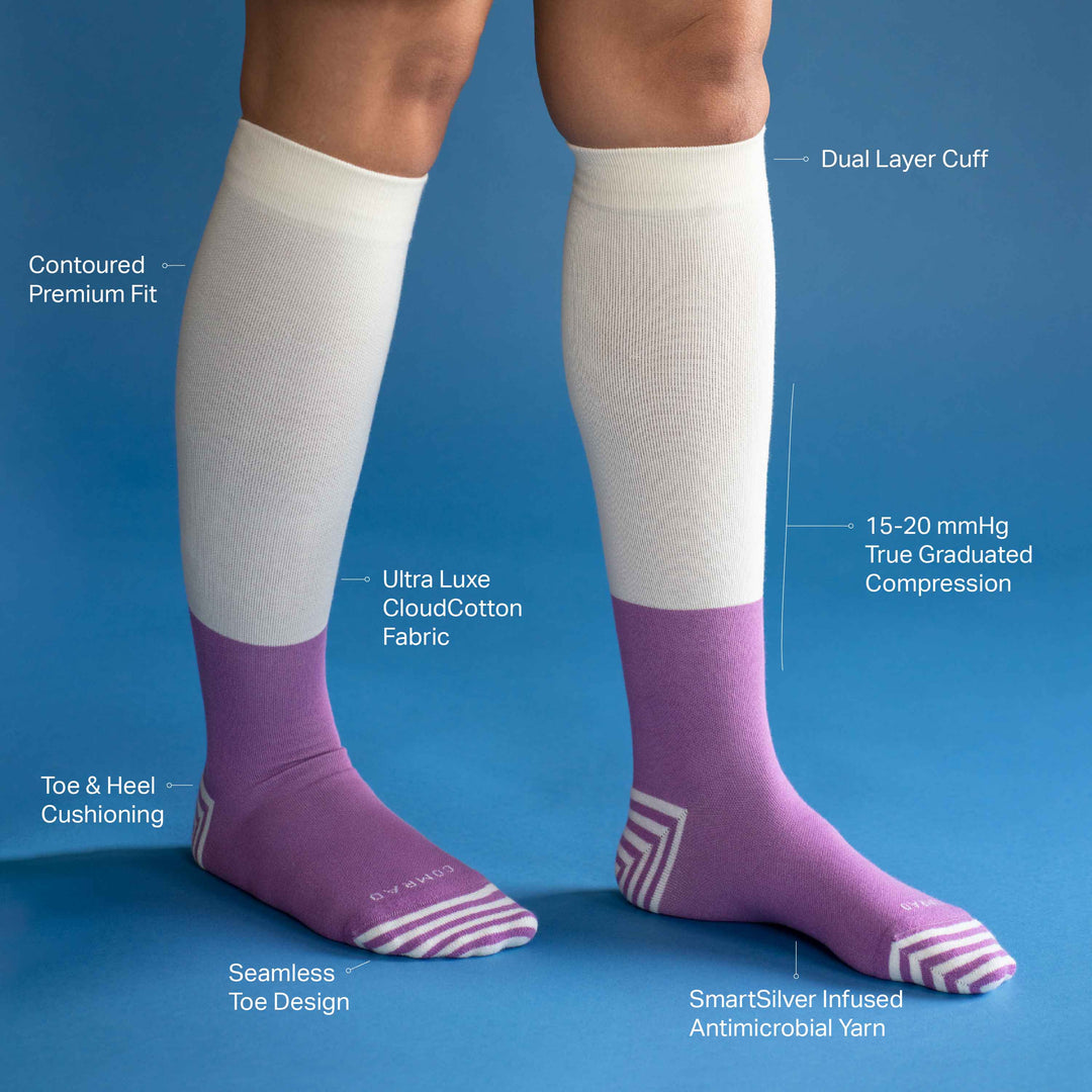 Colorblock compression socks with dual-layer cuff and striped toe