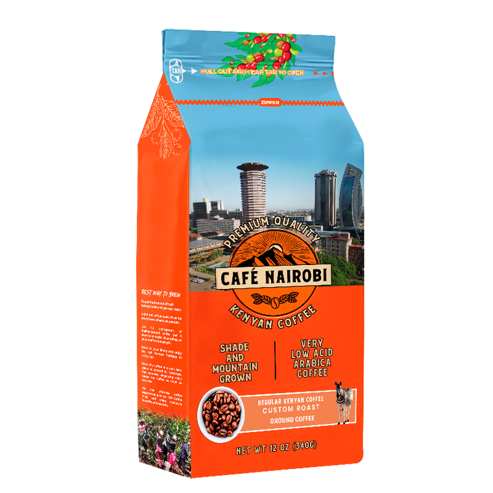 Orange and blue roasted coffee bag with Cape Nairobi label and roast details.