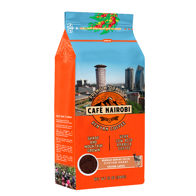 Orange and blue roasted coffee bag with Cape Nairobi label and ground coffee panel.