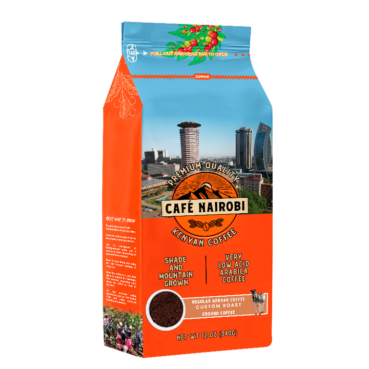 Orange and blue roasted coffee bag with Cape Nairobi label and ground coffee panel.