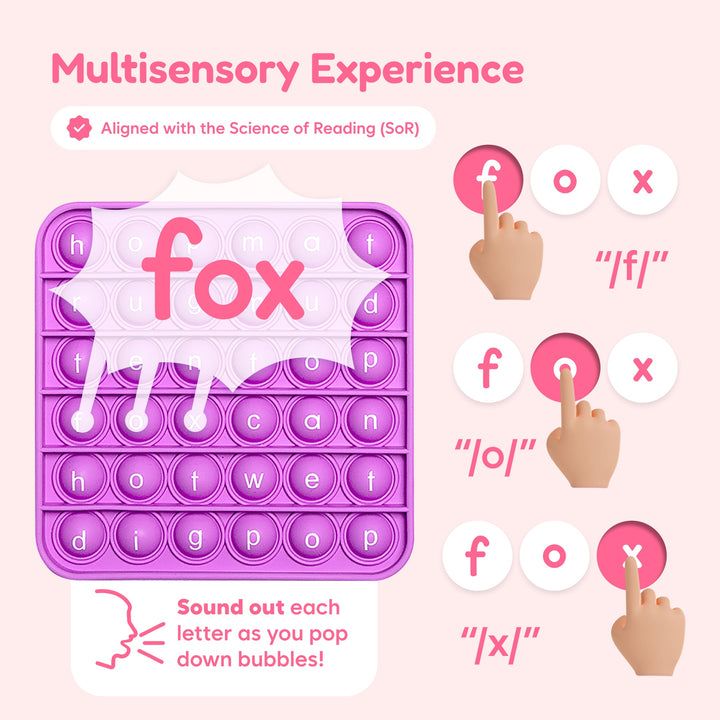 Purple CVC pop fidget mat with letter bubbles; shows 'fox'