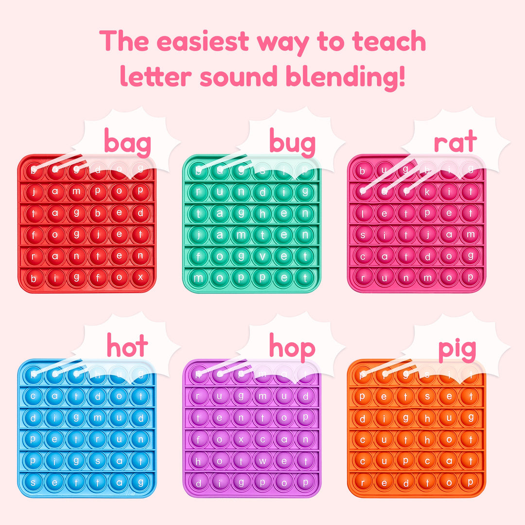 Six CVC pop fidget mats with letter bubbles showing bag, bug, rat, hot, hop, pig