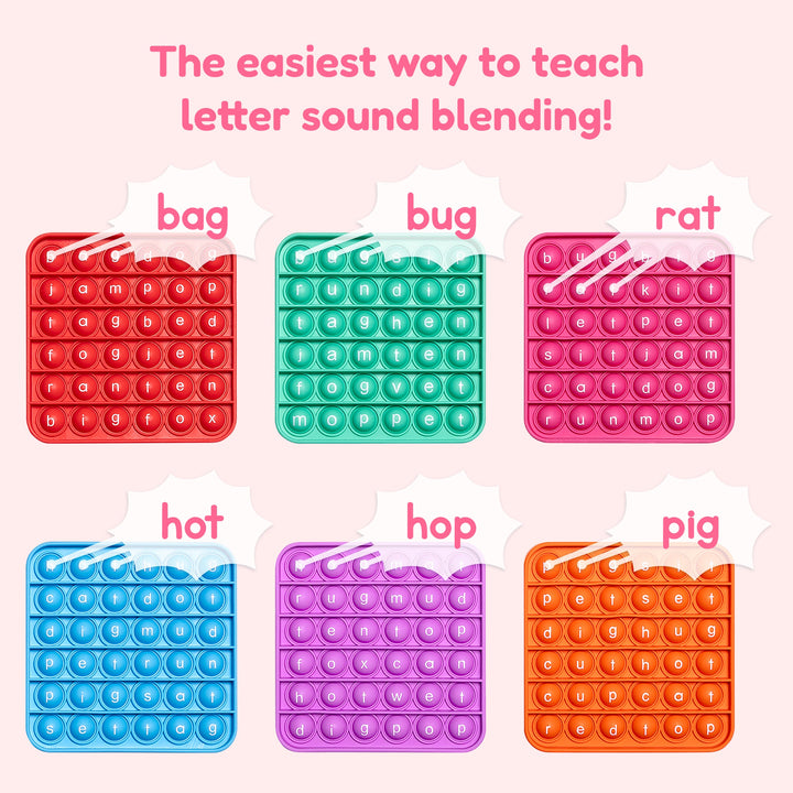 Six CVC pop fidget mats with letter bubbles showing bag, bug, rat, hot, hop, pig