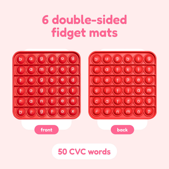 Two double-sided red CVC pop fidget mats with letter bubbles on front and back