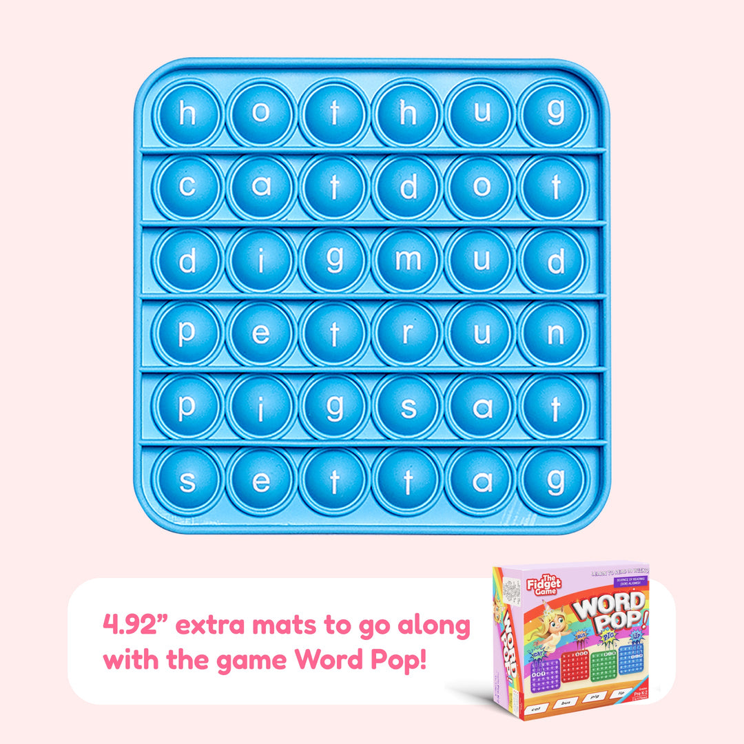 Blue CVC pop fidget mat with letter bubbles across the grid