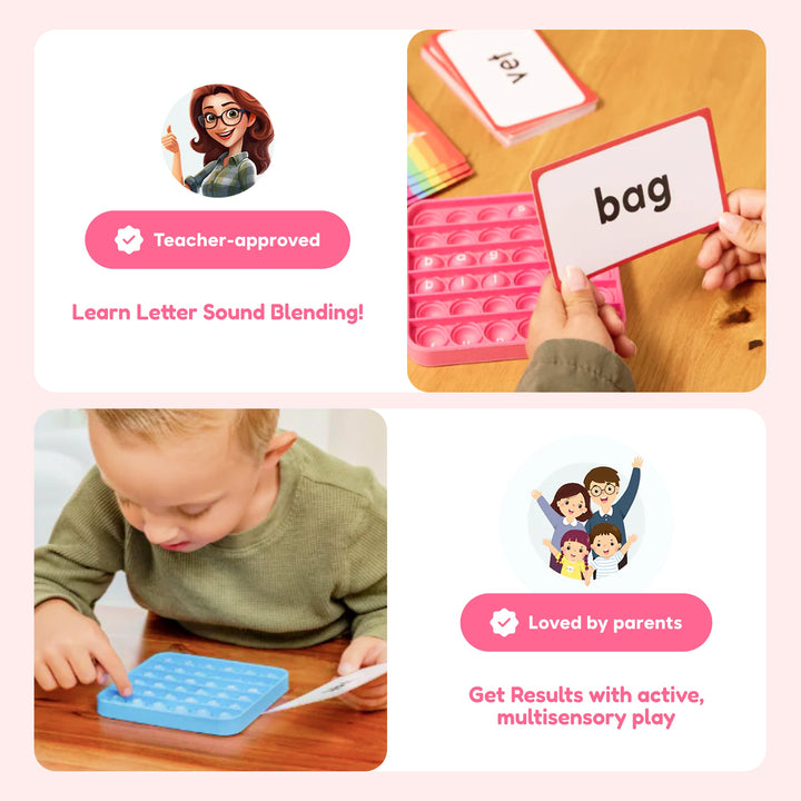 Child using a blue CVC pop fidget mat with letter bubbles on the table