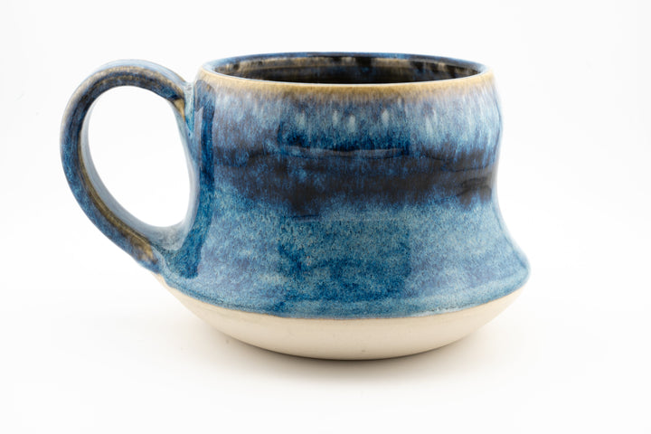 Curvy wide mug, blue speckled ceramic glaze with side loop handle
