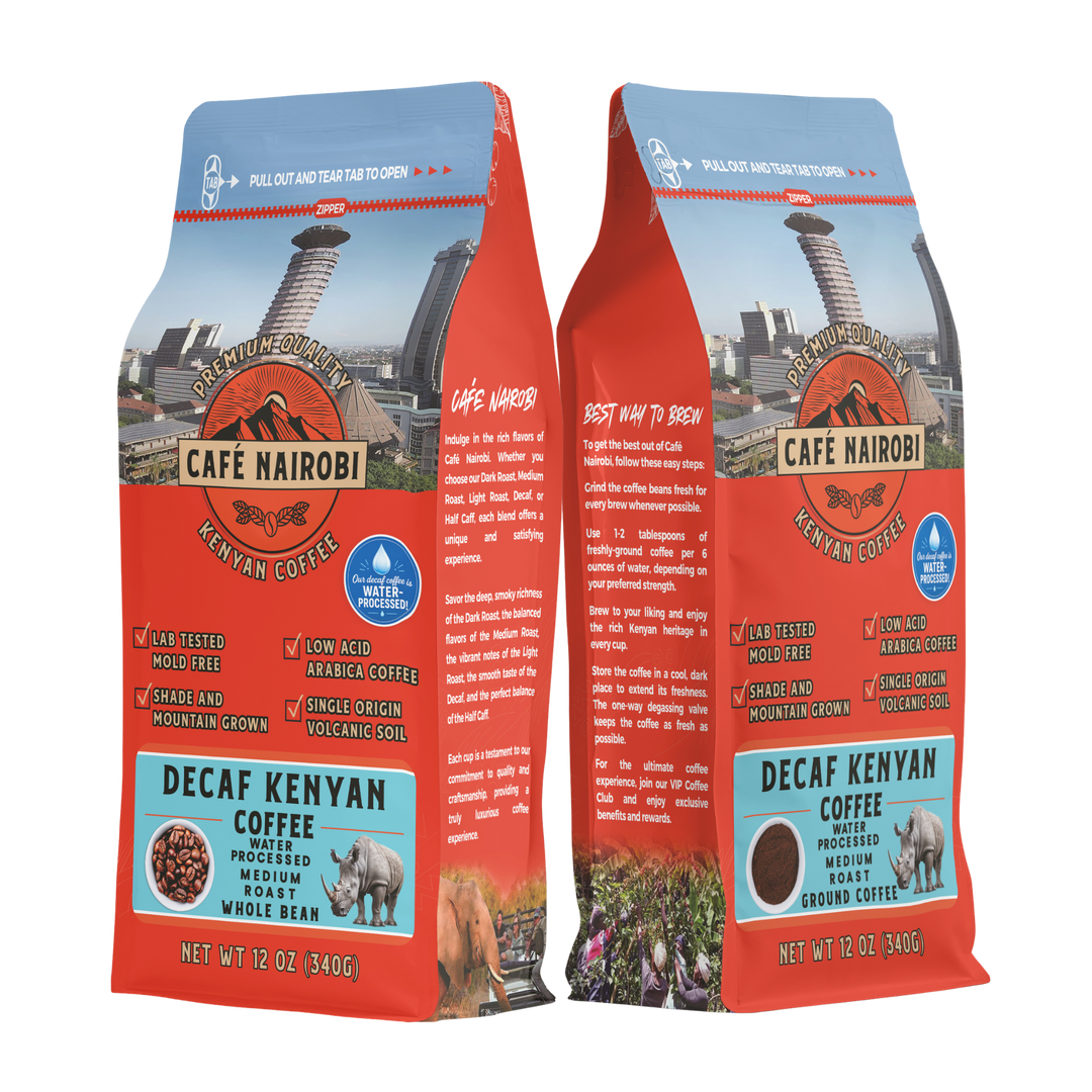 Two Decaf Kenyan coffee bags with red and blue front panels side by side