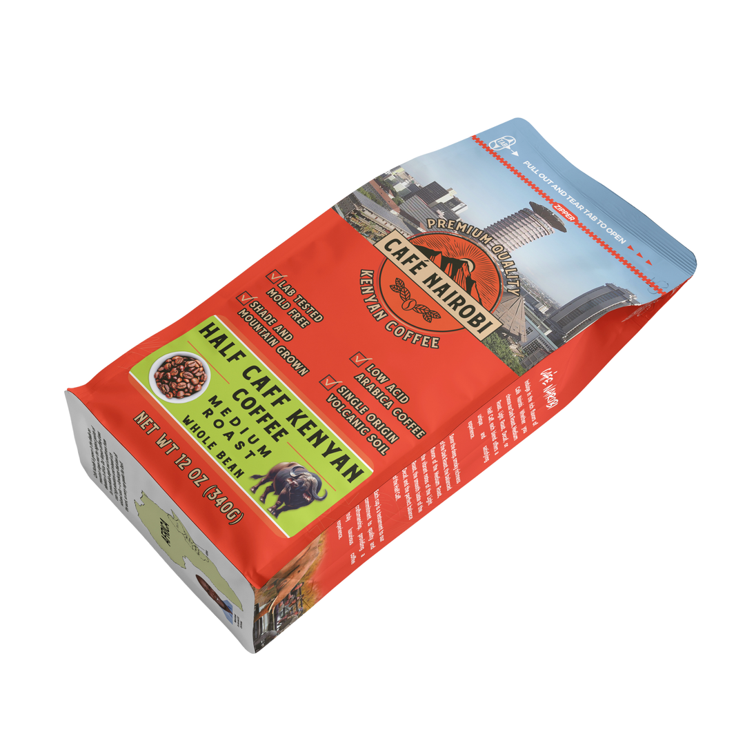 Half caff Kenyan coffee bag, medium roast, whole bean, angled view