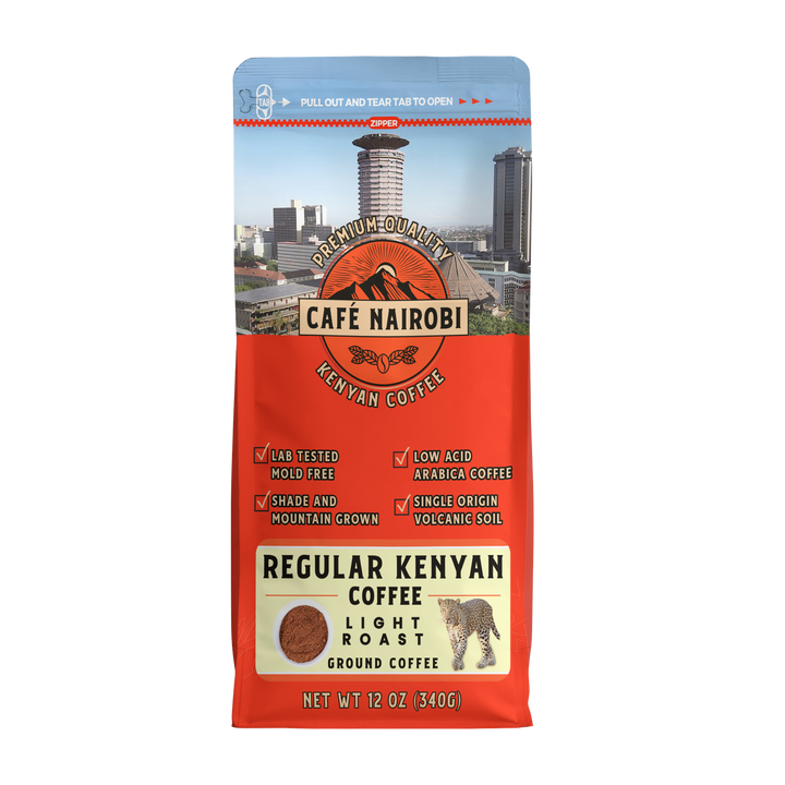 Red coffee bag with blue top, front label for Kenyan light roast ground coffee