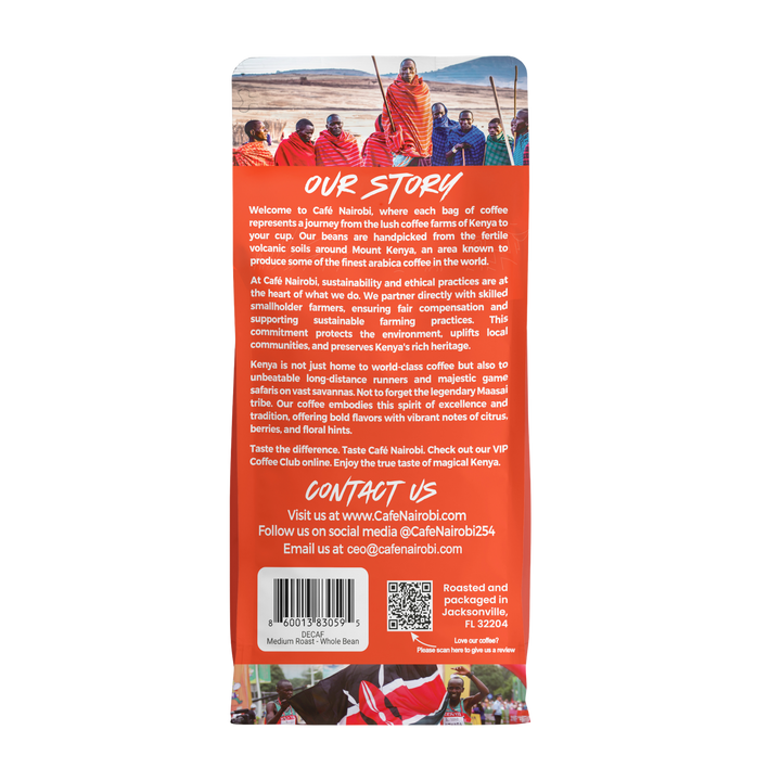 Regular Kenyan coffee bag, medium roast whole bean, back panel with photo collage