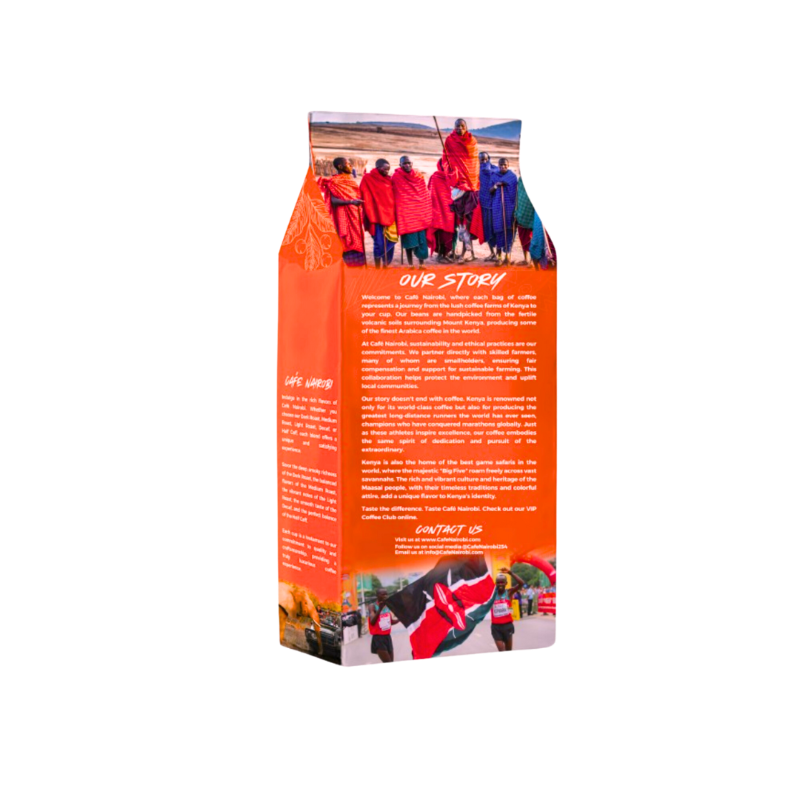 Orange coffee bag back with text blocks, photos, and contact information.