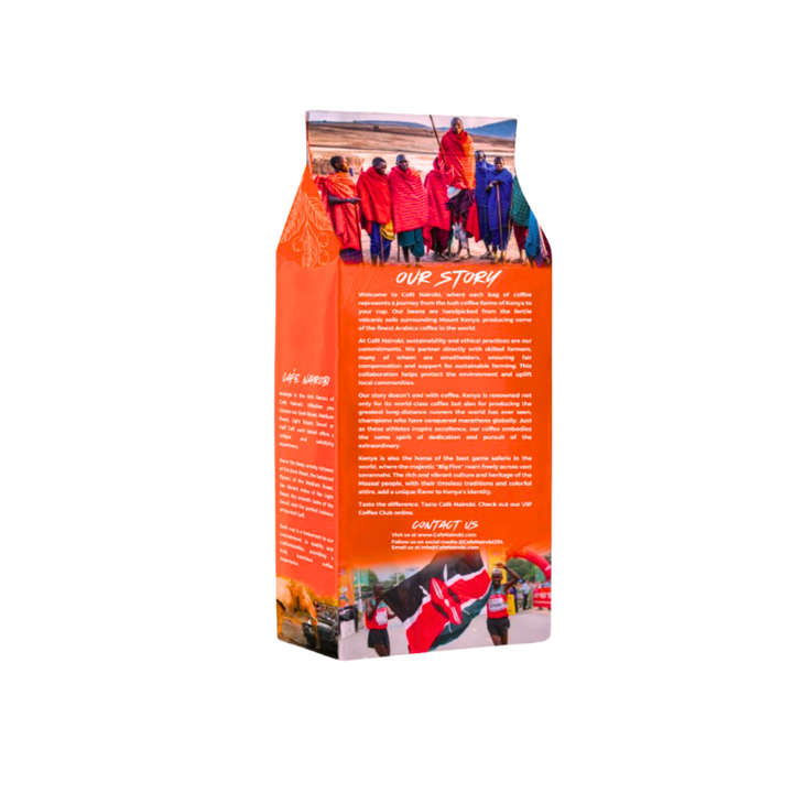 Kenyan espresso roast coffee bag back panel with text and story graphics