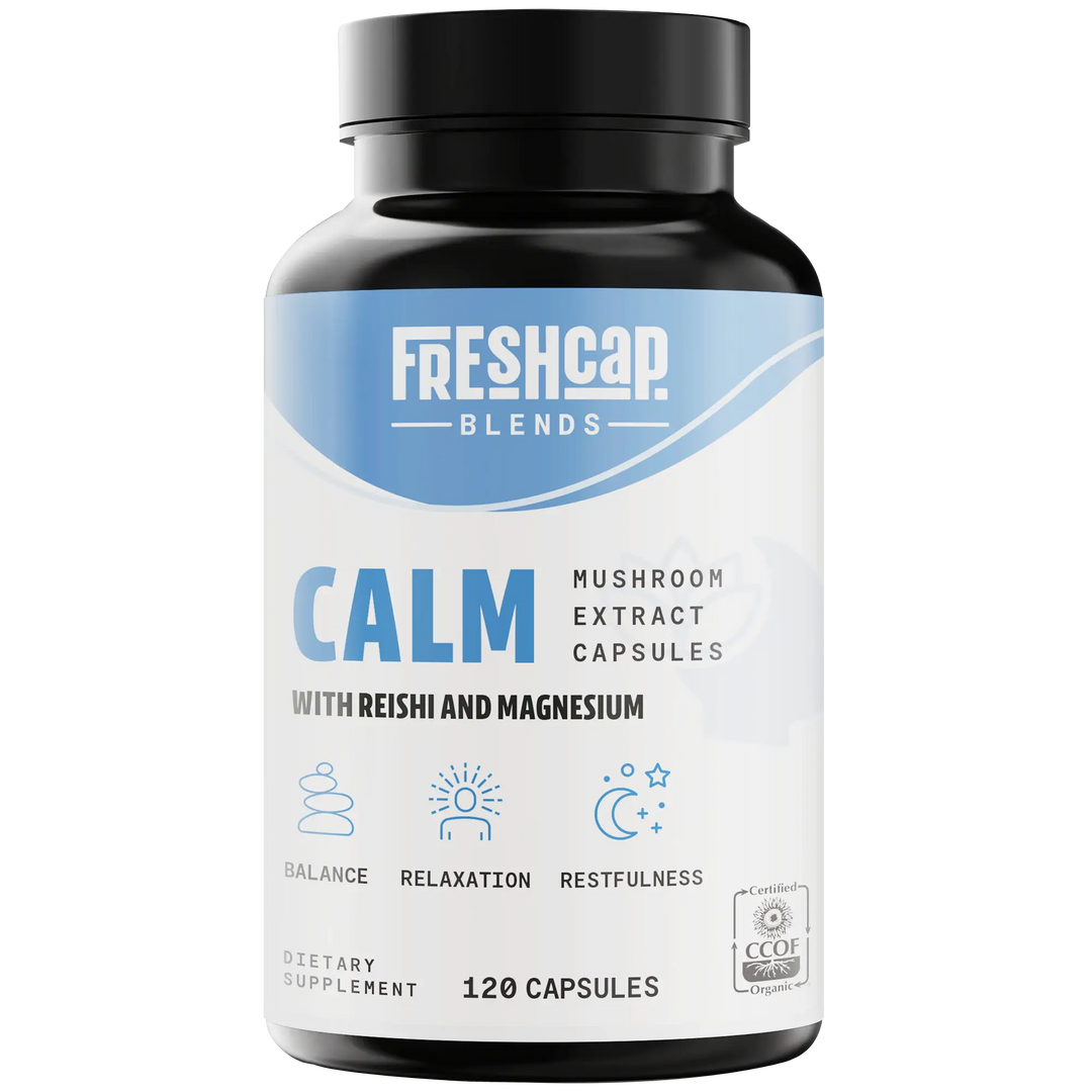 Calm supplement bottle with black cap, blue label, and 120 capsule branding