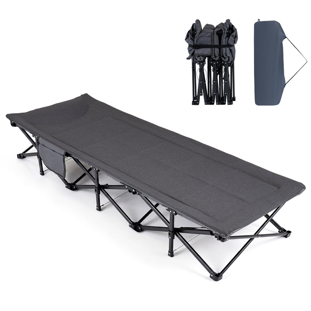 Gray folding camping cot with padded headrest, plus included carrying bag and storage pouch