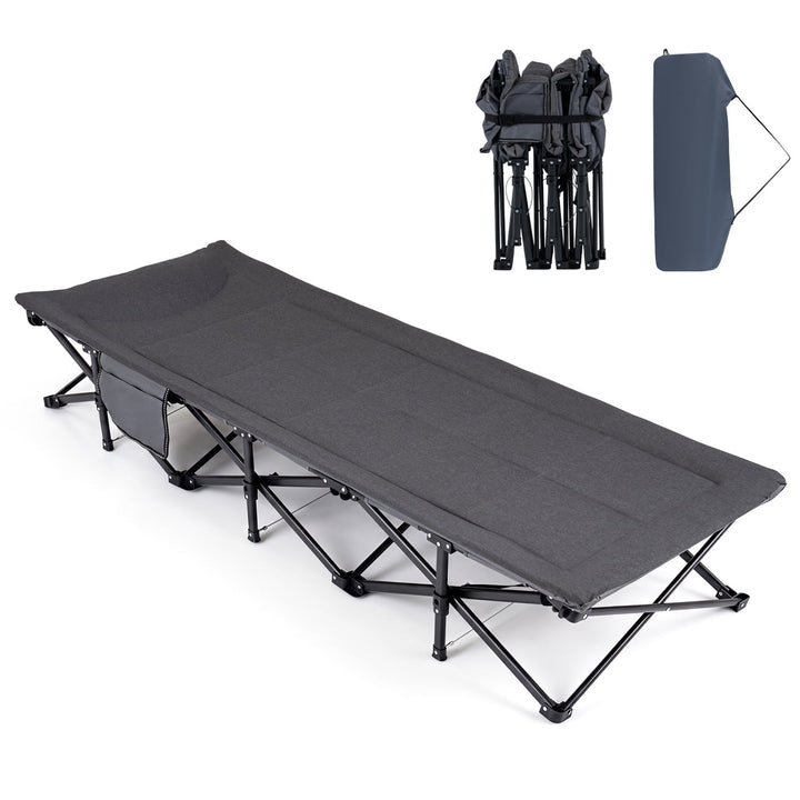 Gray folding camping cot with padded headrest, plus included carrying bag and storage pouch