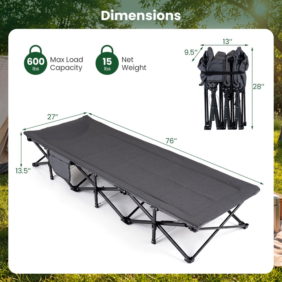 Gray folding camping cot with padded headrest and side storage pouch