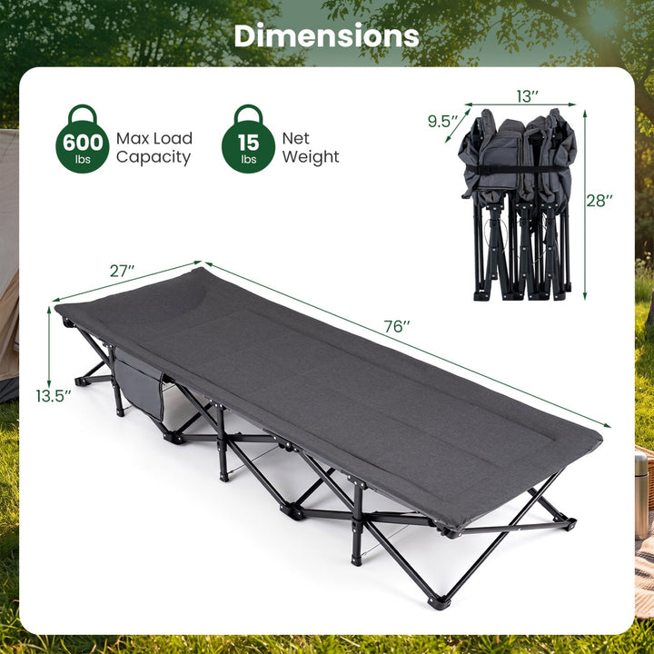 Gray folding camping cot with padded headrest and side storage pouch