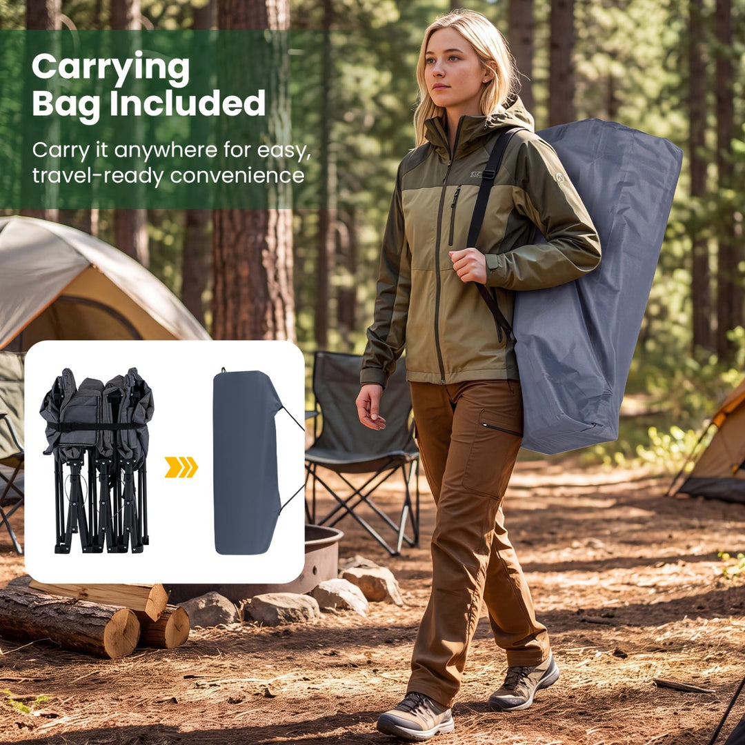 Gray folding camping cot with padded headrest, shown with included carrying bag