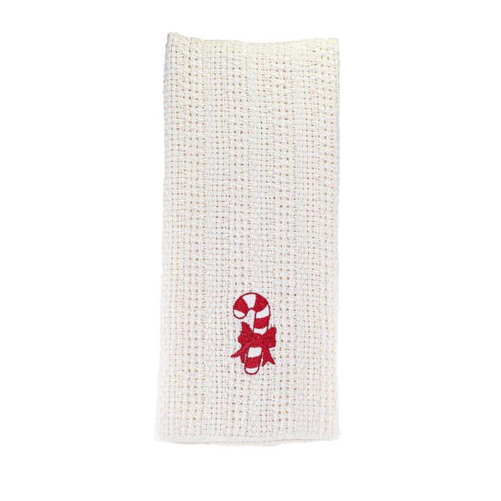 Off-white cotton kitchen towel with red gingerbread man embroidery