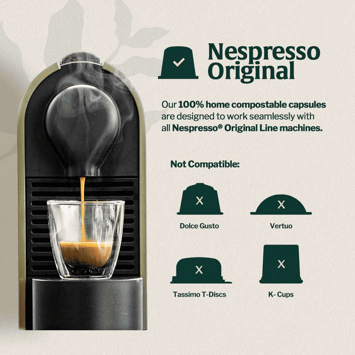 Nespresso Original capsule in a machine with compatibility icons