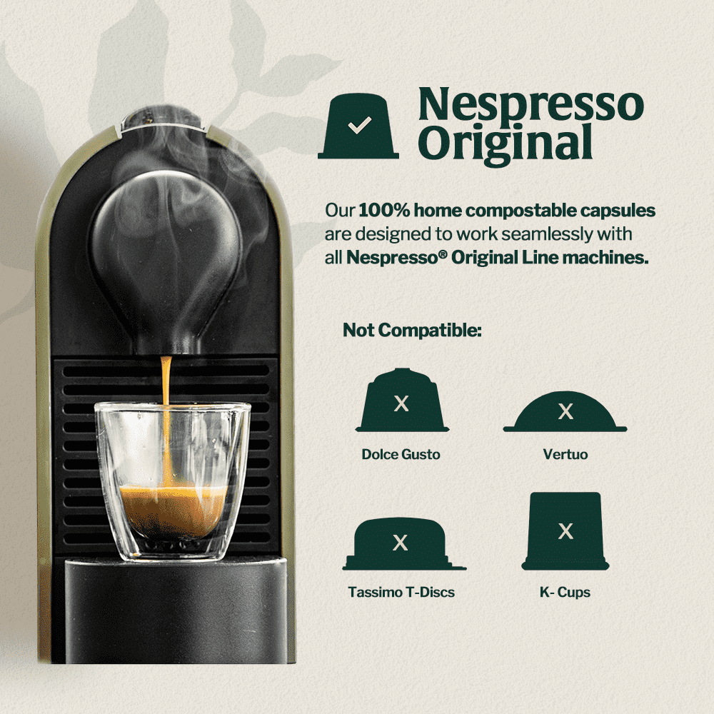 Nespresso Original capsule compatibility graphic with coffee machine and cup