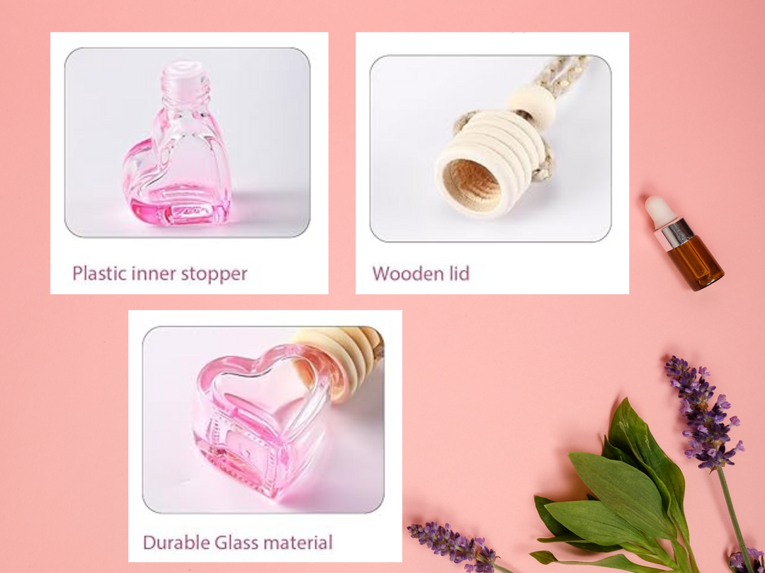 Hanging car freshener components: plastic inner stopper, wooden lid, and glass bottle.