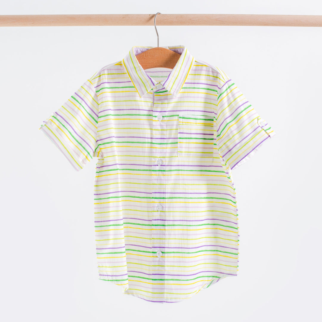 Kids striped short-sleeve collared shirt in light yellow, green, and purple