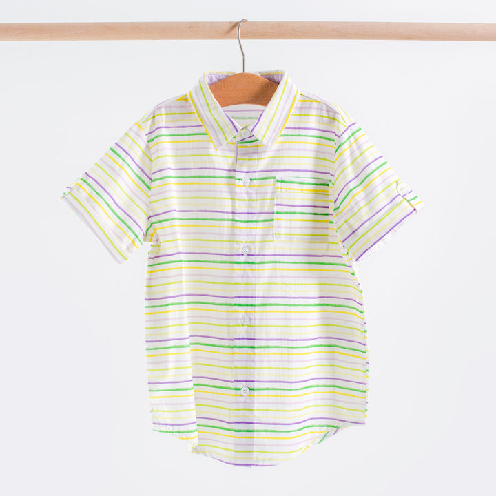 Kids striped short-sleeve collared shirt in light yellow, green, and purple
