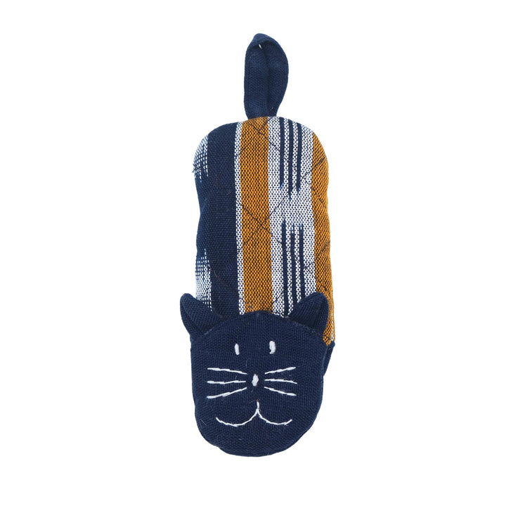 Cat skillet handle holder, navy-and-orange striped sleeve with whiskered cat face loop.