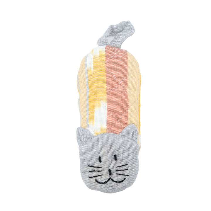 Cat skillet handle holder with gray base, yellow and pink patchwork stripes
