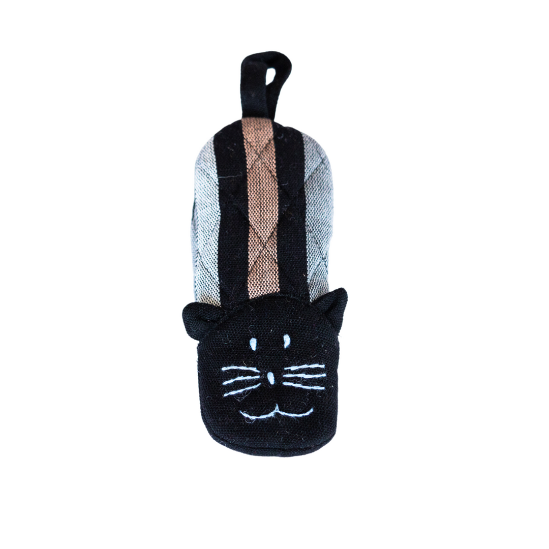 Cat skillet handle holder, navy cat face with multicolor striped fabric and hanging loop.