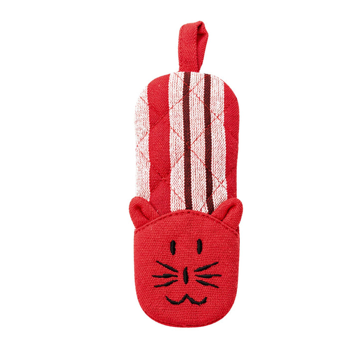 Cat skillet handle holder in red with vertical white stripes and embroidered cat face