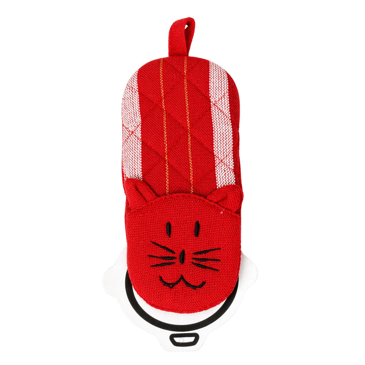 Cat skillet handle holder with red fabric, vertical stripes, cat face, and hanging loop