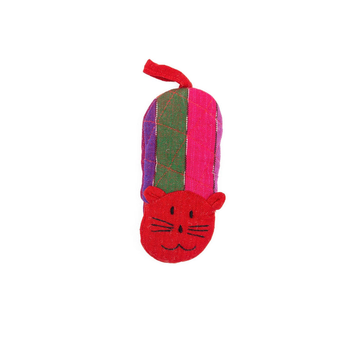 Cat skillet handle holder with red cat face and vertical multicolor stripes