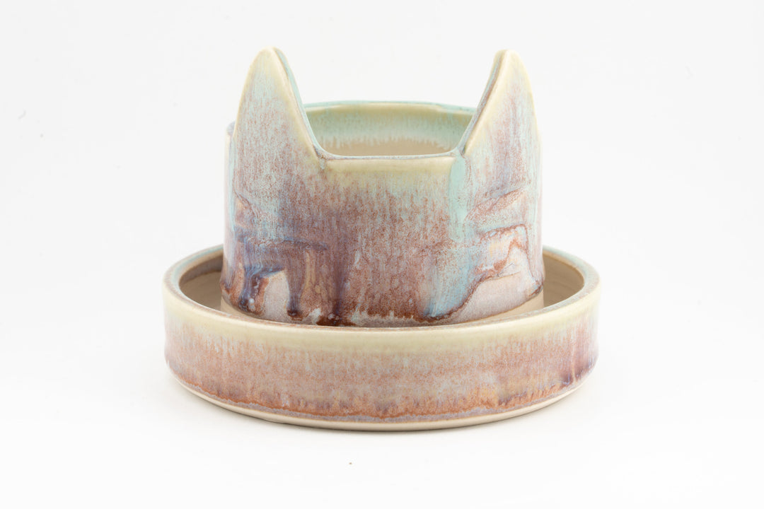 Rust and tan glazed kitty cat ceramic planter with raised ears
