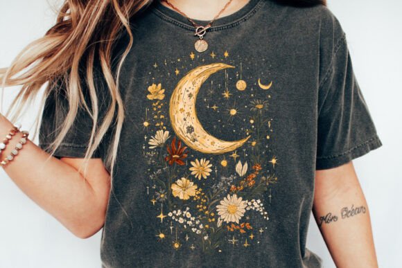 Unisex graphic T-shirt in dark gray with gold crescent moon and flower design.