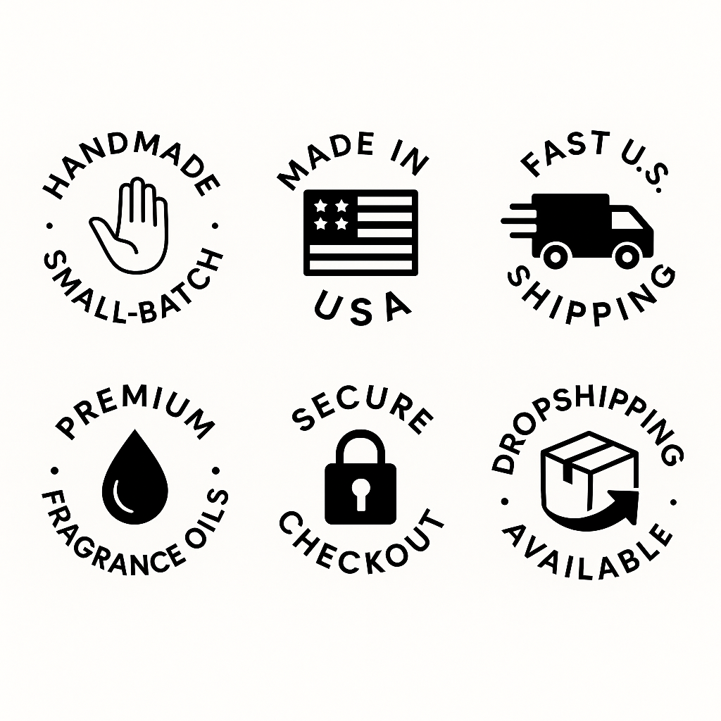 Set of shopping and purity icons: handmade small-batch, made in USA, premium fragrance oils