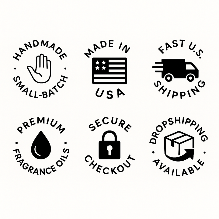 Set of shopping and purity icons: handmade small-batch, made in USA, premium fragrance oils