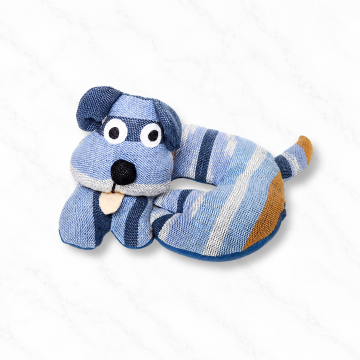 Fabric dog-shaped trivet with light blue stripes and a dark blue dog nose and eyes