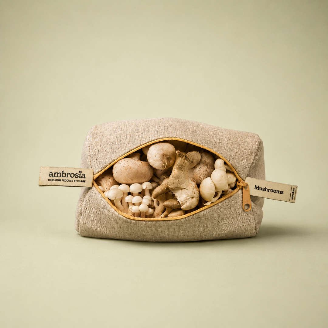 Beige linen mushroom storage bag with gold zipper, open top showing mushrooms inside
