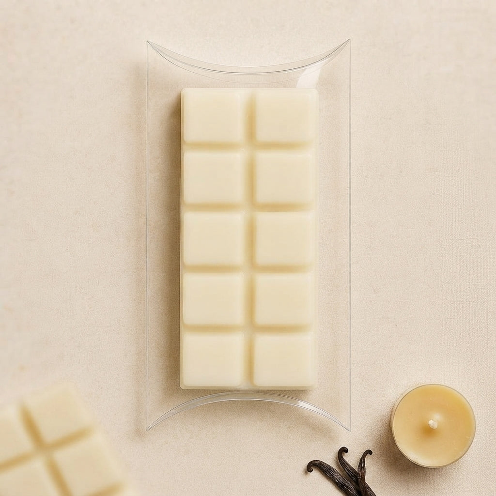 Cream wax melts bar with square blocks in a clear plastic package