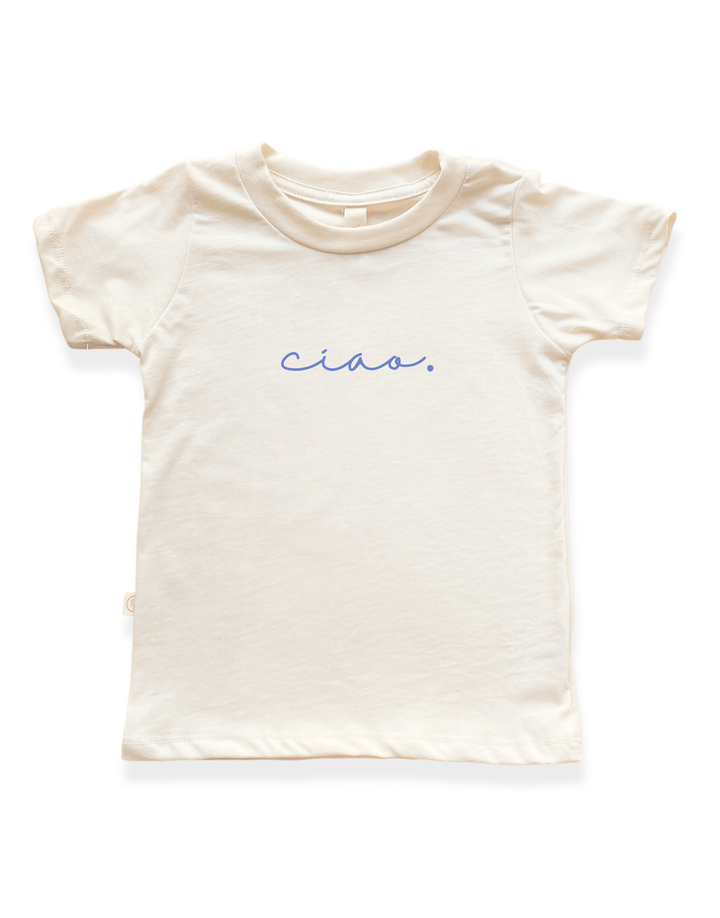 Kids organic cotton T-shirt, cream crew neck with blue 'ciao.' logo