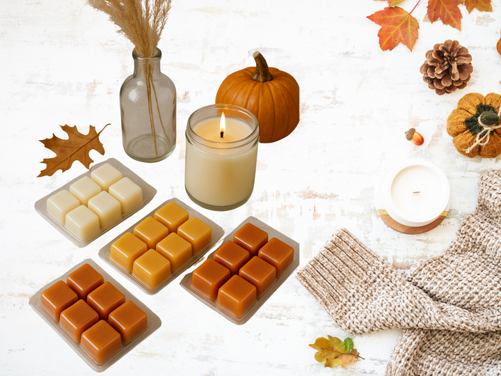 Clamshell wax melts with tan and amber cube wax in clear molded tray