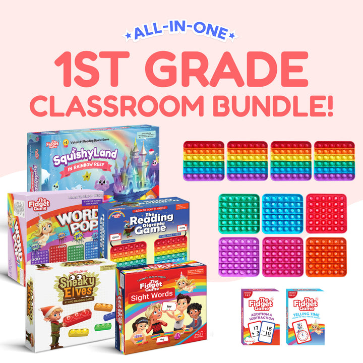Sneaky Elves 1st grade classroom bundle showing game boxes and colorful tile grids