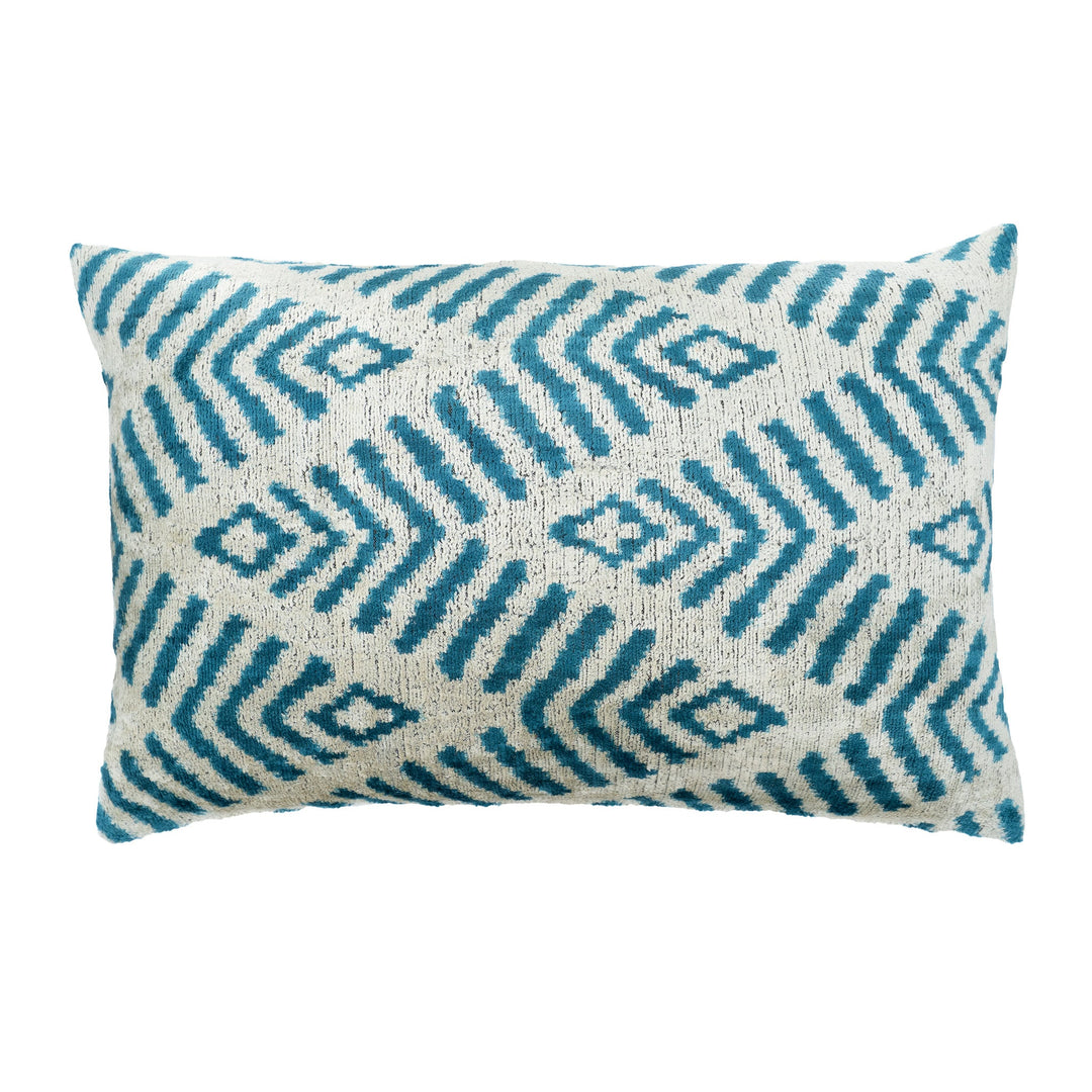 Ikat pillow cover, cream with blue geometric pattern, silk velvet, 16x24 in