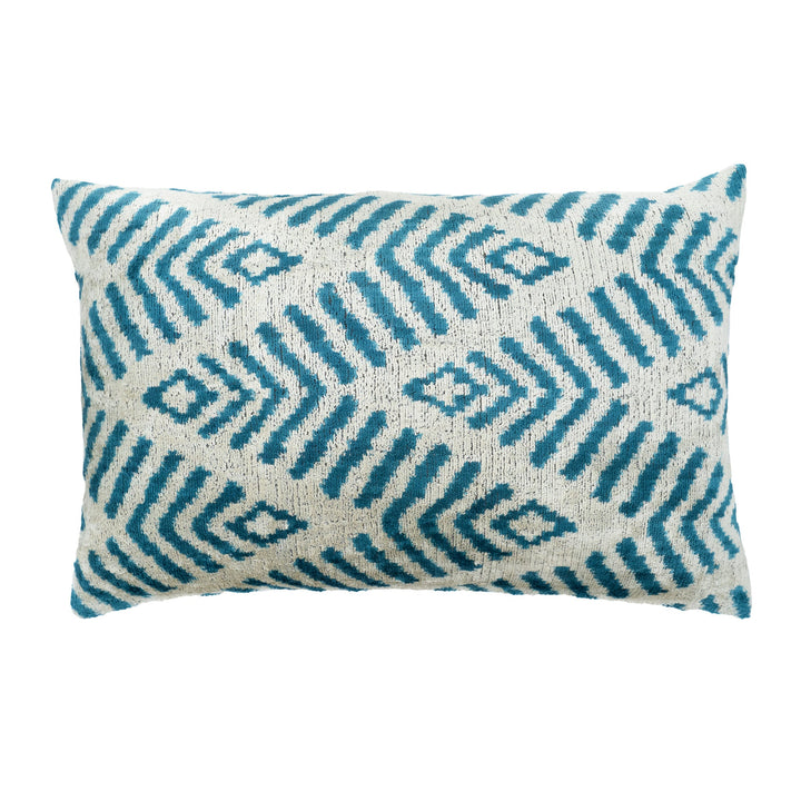 Ikat pillow cover, cream with blue geometric pattern, silk velvet, 16x24 in