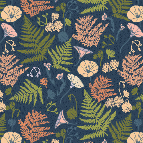 Bowl cover set fabric pattern: colorful ferns and shells on dark blue background