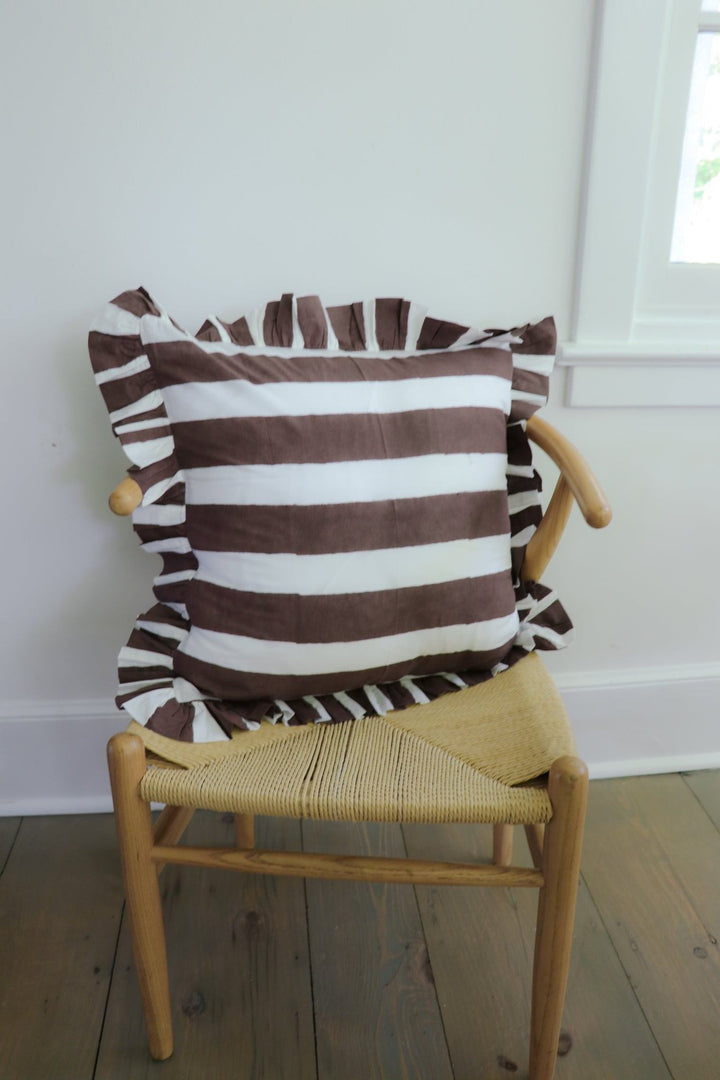 Chocolate Stripe Ruffled Throw Pillow (20-inch) — Pillow Covers, [material], Sarah Spiegel