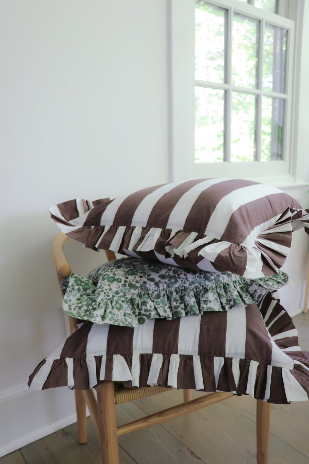 Chocolate Stripe Ruffled Throw Pillow (20-inch) — Pillow Covers, [material], Sarah Spiegel